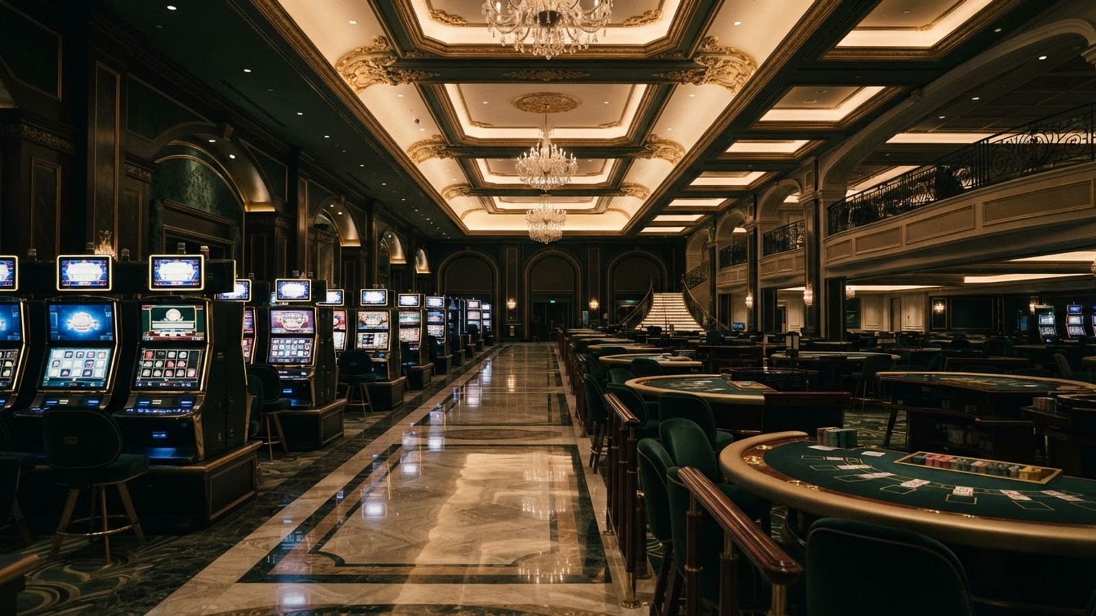 Salle de Cresus Casino avec machines à sous et tables de cartes