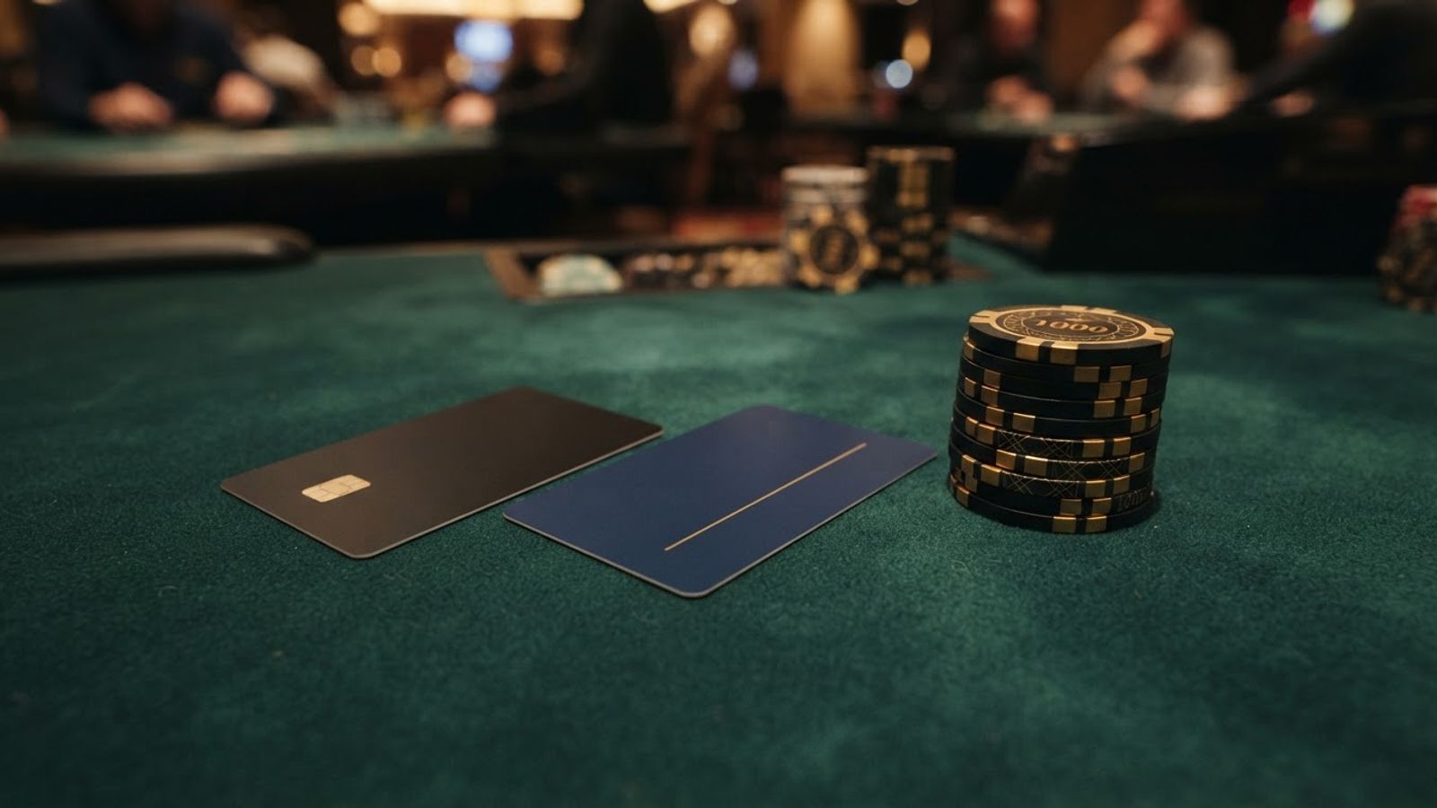 Cartes bancaires à côté de jetons sur une table verte