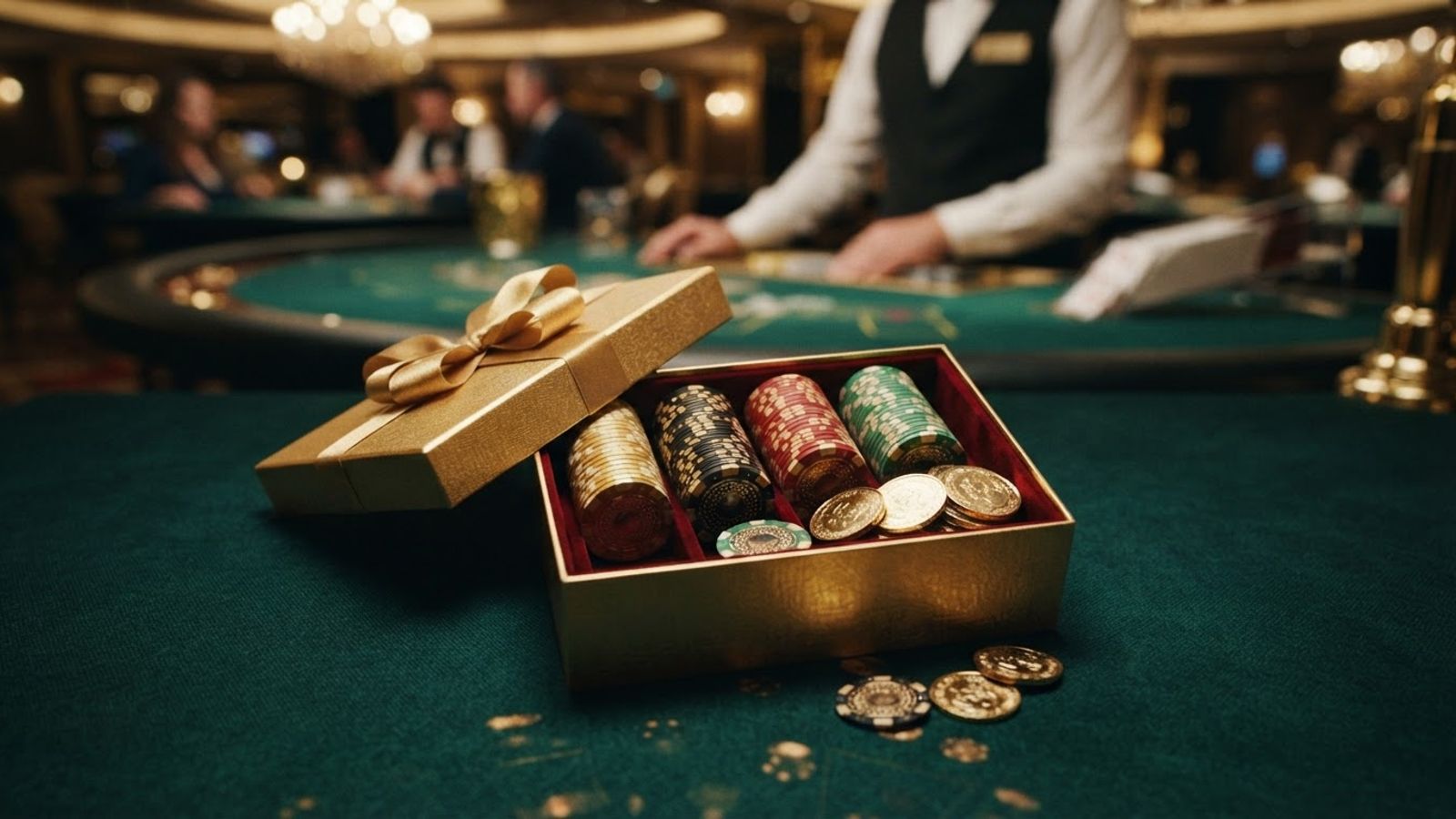 Boîte dorée avec jetons de casino et pièces empilées